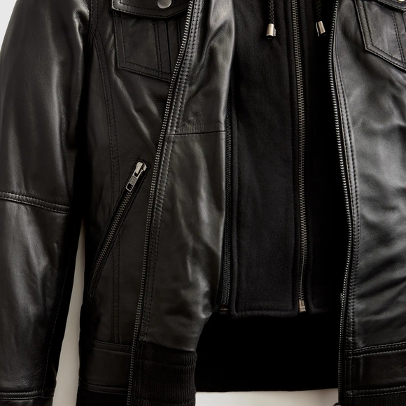 Quince Leather Jacket With Hood Black Medium Genuine Leather - Picture 6 of 12